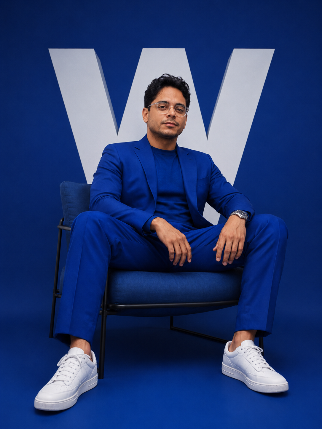 Luan Werdam de terno azul sentado diante do monograma W